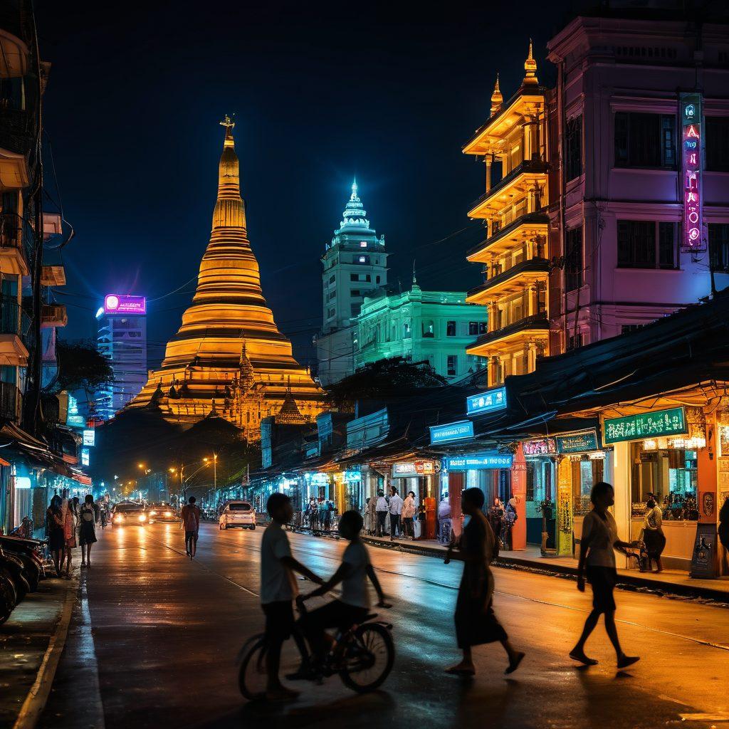 A vibrant cityscape of Yangon at night, with neon lights illuminating streets filled with diverse couples exploring various modern dating options. Iconic elements of Myanmar architecture blend with digital icons representing dating services, overlaid with symbols of love and lust. An engaging juxtaposition of tradition and technology, showcasing the evolving landscape of relationships in Myanmar. super-realistic. vibrant colors. city skyline.