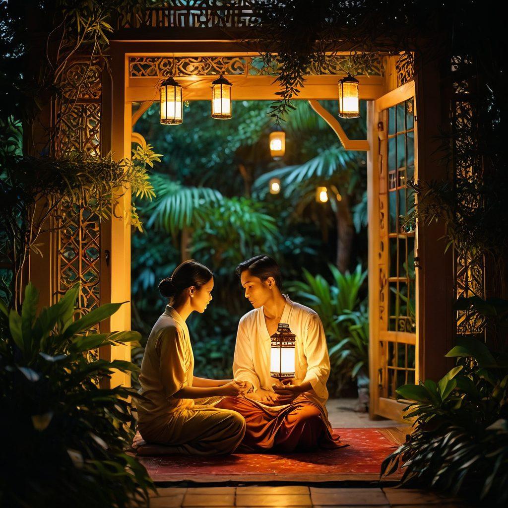 A romantic scene showcasing a couple enjoying an intimate moment beneath a softly glowing lantern in a lush Burmese garden. The background features exotic plants and traditional Myanmar architecture, conveying a sense of cultural richness. The couple is engaged in gentle eye contact, radiating warmth and connection, with soft lighting enhancing the mood. Elements of sensuality are implied through their body language and the surrounding ambiance. dreamy, warm colors. soft focus.