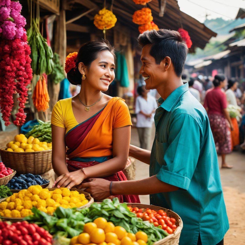 A lively street scene in Myanmar, featuring couples engaging in intimate conversations and joyful interactions amidst colorful, bustling markets. Include traditional Myanmar architecture and vibrant flowers to enhance the atmosphere of passion and connection. Capture the essence of adult relationships through expressive body language and warm smiles, showcasing the cultural fabric of the region. super-realistic. vibrant colors. 3D.